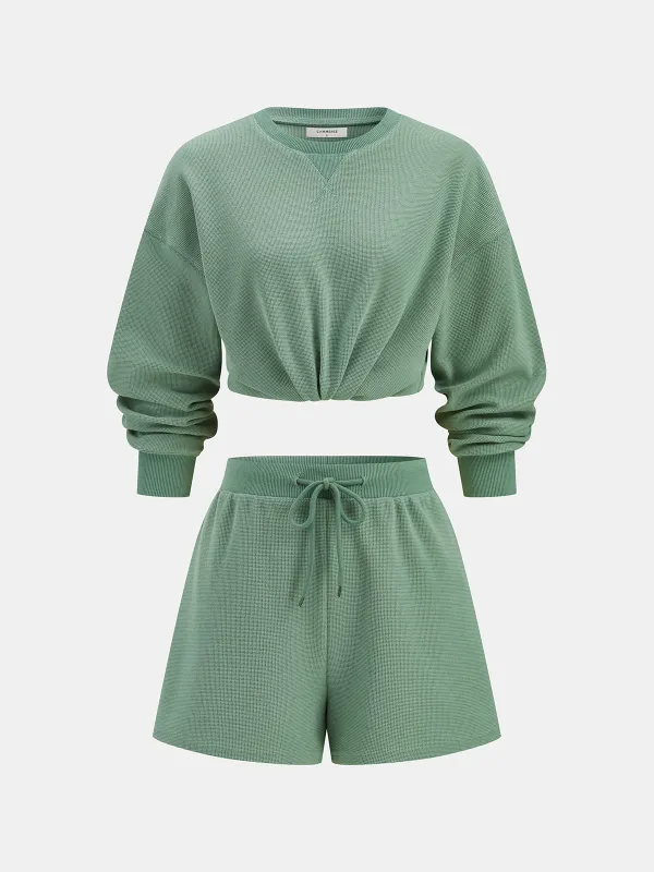 Waffle Knit Sweatshirt & Drawstring Shorts Set made by COMMENSE