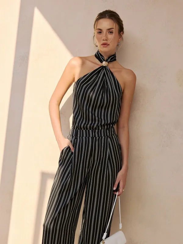 Pinstripe Halter Neck Top & Pants Set made by COMMENSE