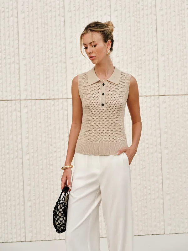 Sleeveless Polo Open Knit Top made by COMMENSE