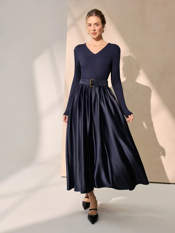 Belted Satin Panel V-Neck Long Sleeve Maxi Dress sold by COMMENSE