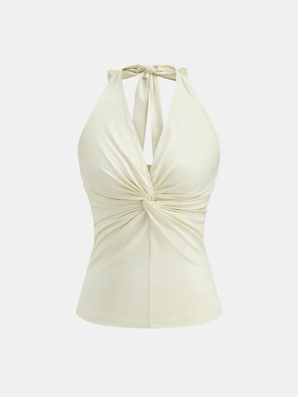 Twist-Front Halter Neck Top sold by COMMENSE
