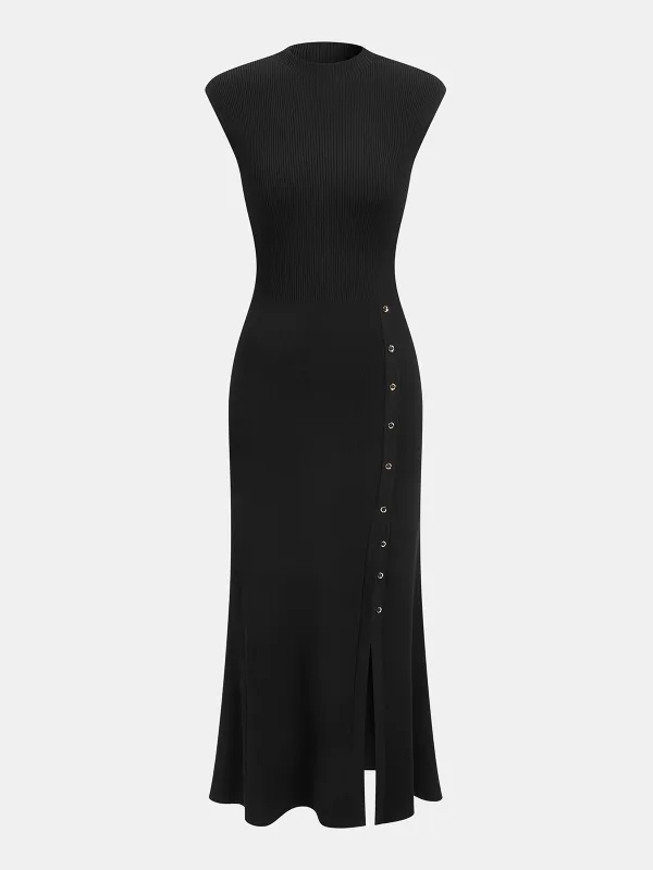 Button Detail Cap Sleeve Rib Knit Maxi Dress made by COMMENSE