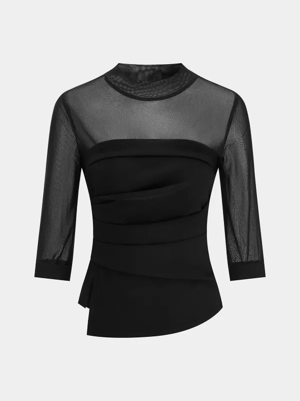 Sheer Panel Asymmetrical Ruched Blouse made by COMMENSE