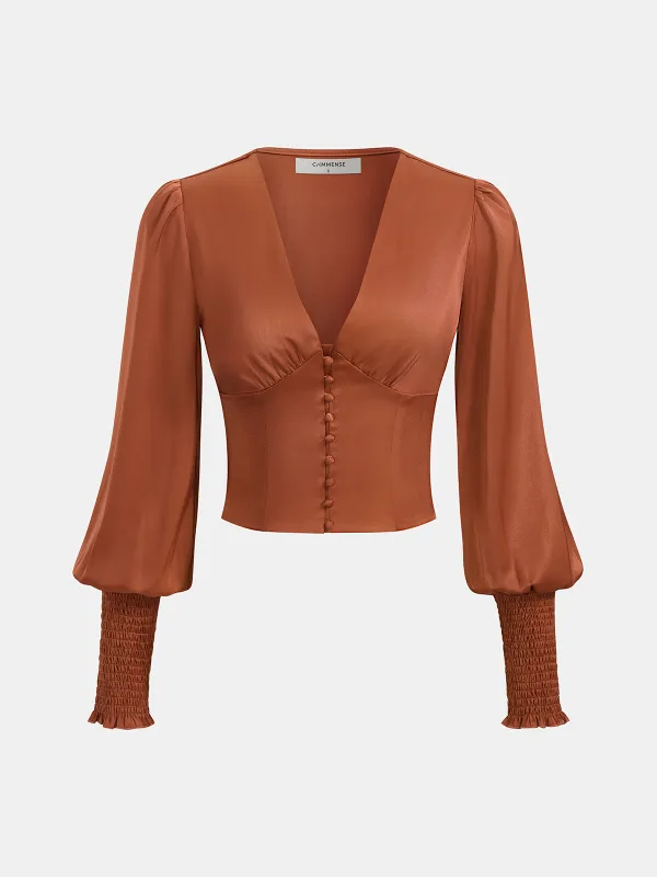 Smocked Satin V-Neck Puff Sleeve Blouse made by COMMENSE