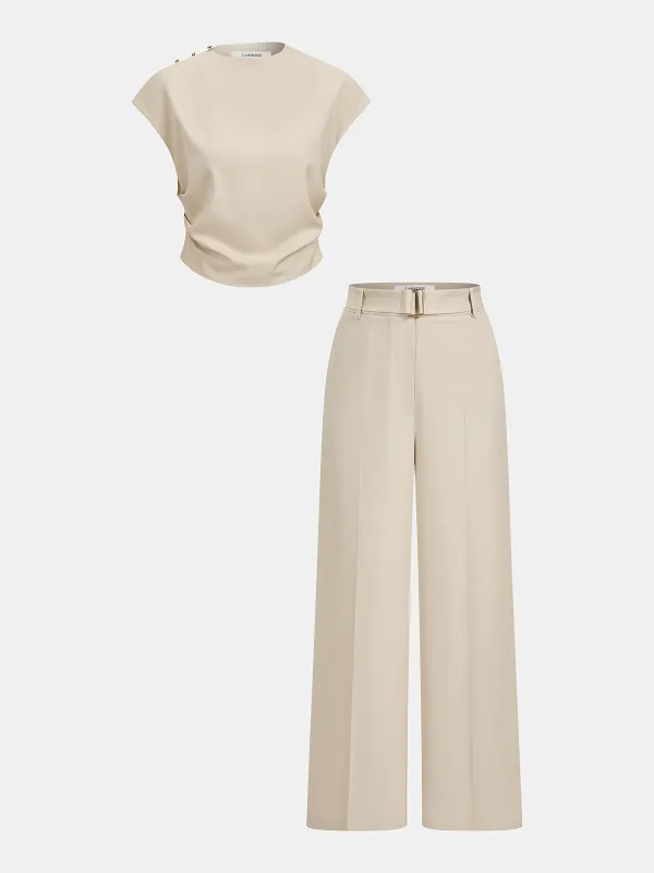 Sleeveless Ruched Top & Wide-Leg Pants Set sold by COMMENSE
