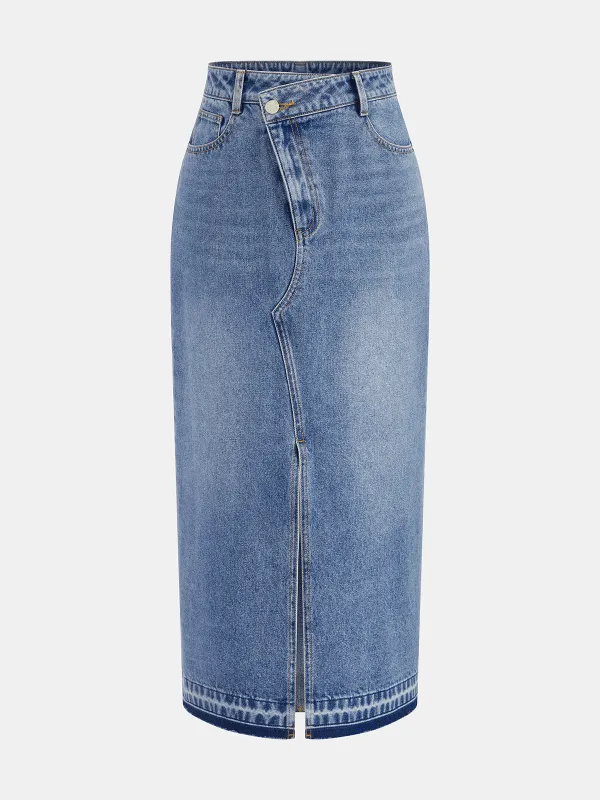 Denim Asymmetric Slit Midi Skirt sold by COMMENSE