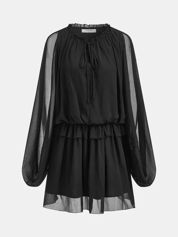 Chiffon Ruffle Tie Neck Long Sleeve Mini Dress made by COMMENSE