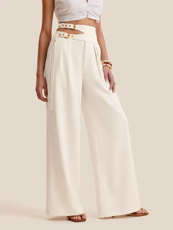 Cut-Out Double Buckle Wide Leg Pants sold by COMMENSE