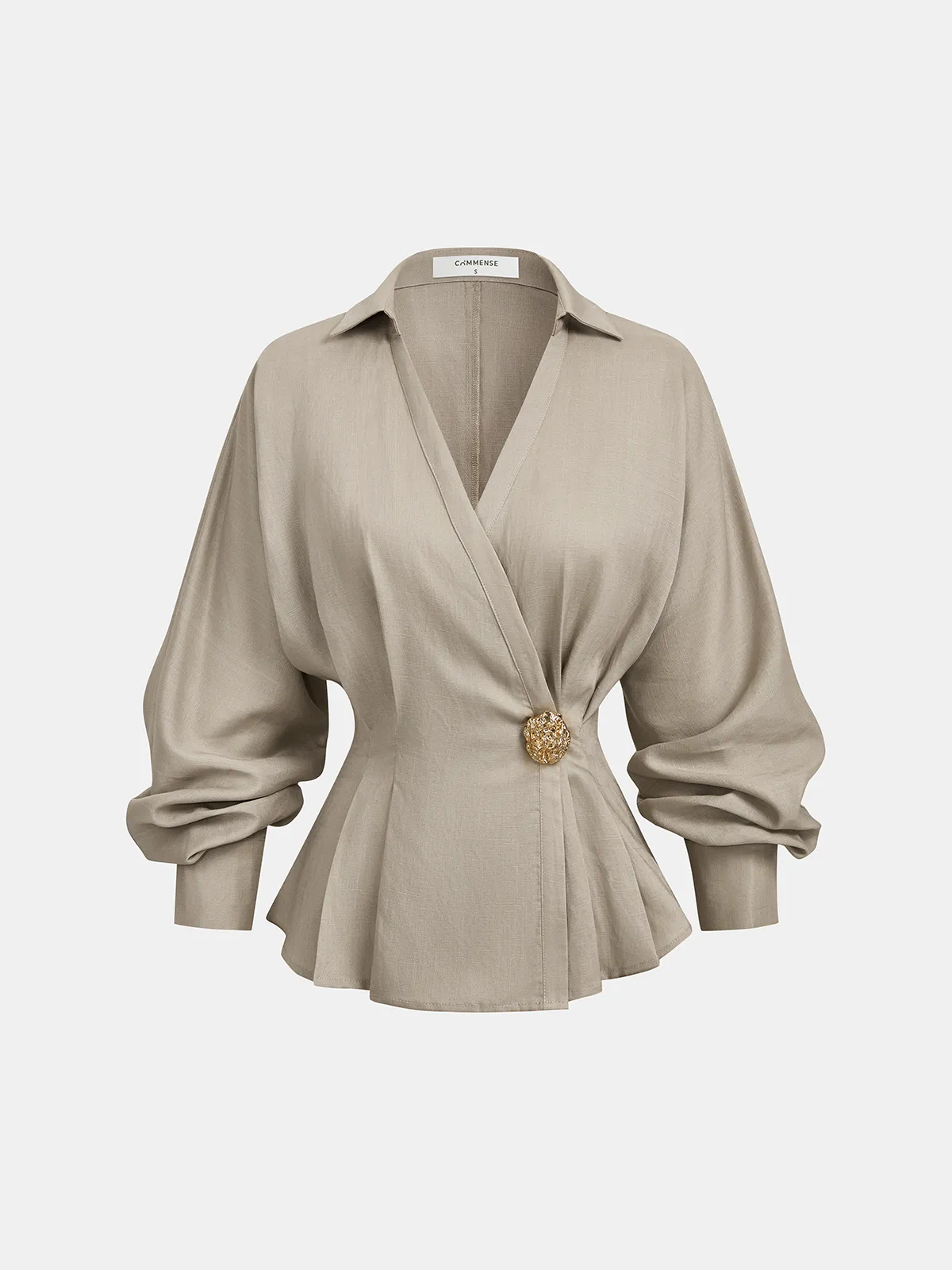 Linen Blend Balloon Sleeve Wrap Blouse sold by COMMENSE