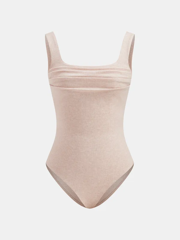 Square Neck Ruched Ribbed Bodysuit made by COMMENSE