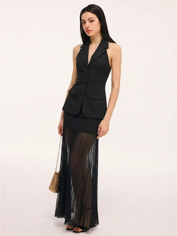 Halter Blazer Vest & Sheer Pleated Maxi Skirt made by COMMENSE