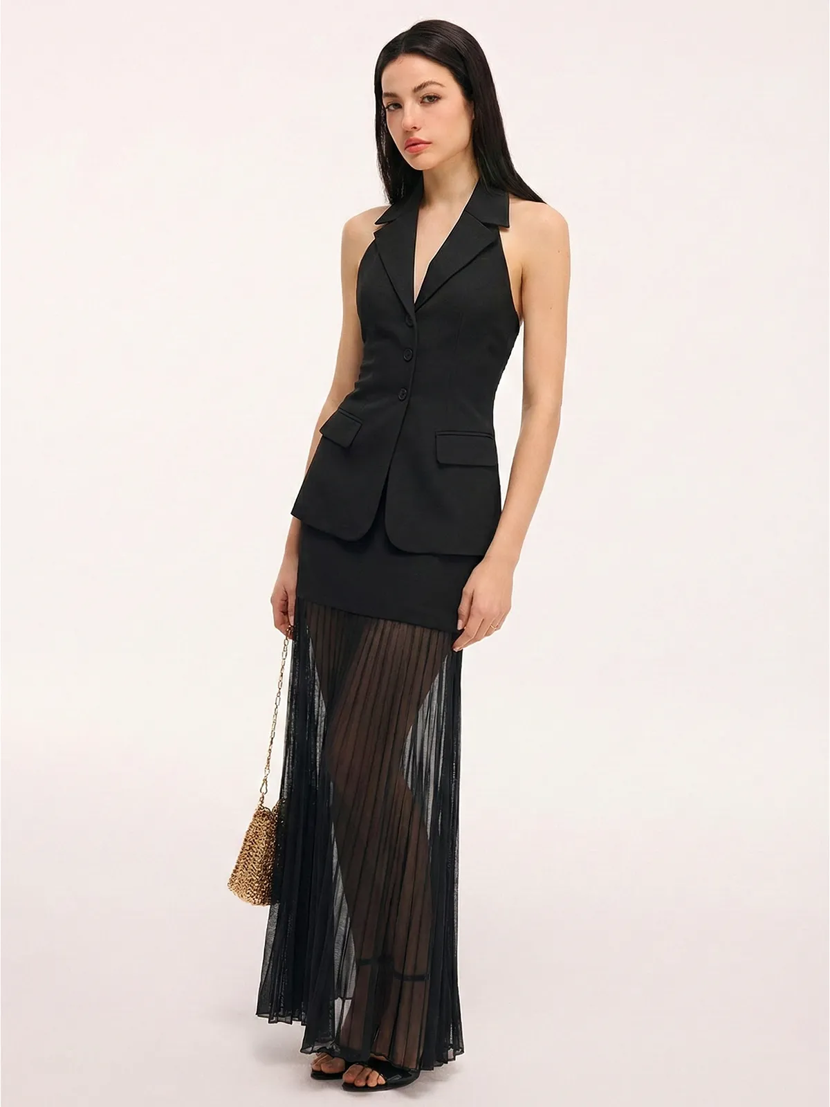 Halter Blazer Vest & Sheer Pleated Maxi Skirt sold by COMMENSE