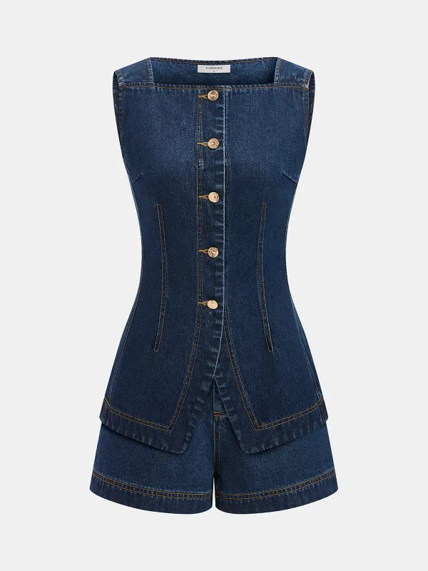 Metal Button Denim Sleeveless Vest & Shorts Set made by COMMENSE
