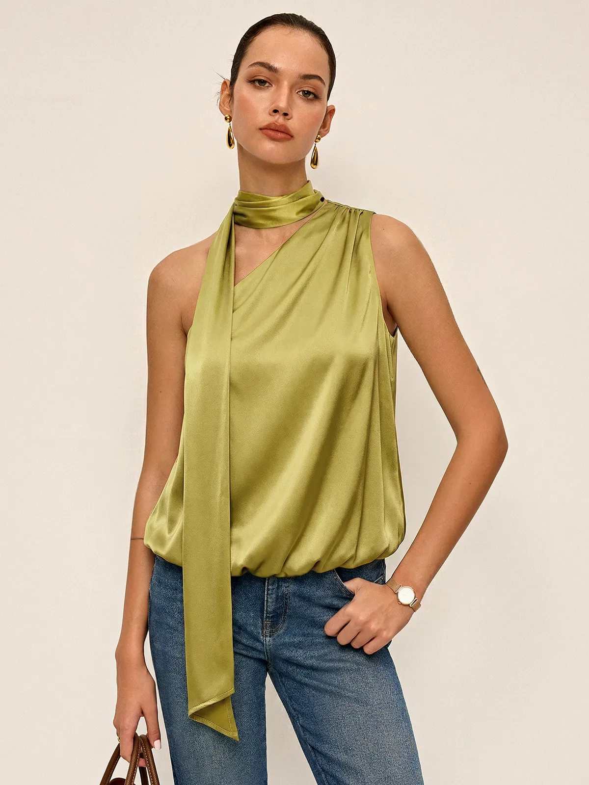 Tie-Neck One-Shoulder Satin Top sold by COMMENSE