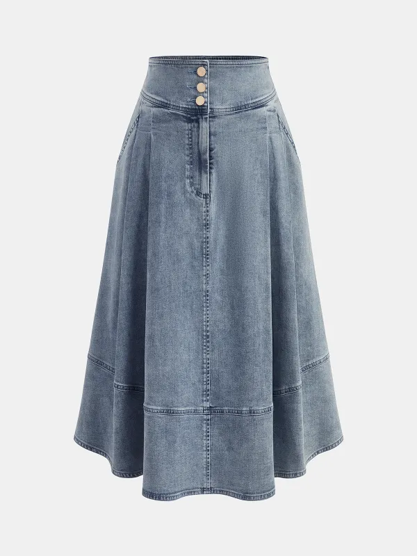 High Waisted Buttoned Flared Denim Skirt sold by COMMENSE