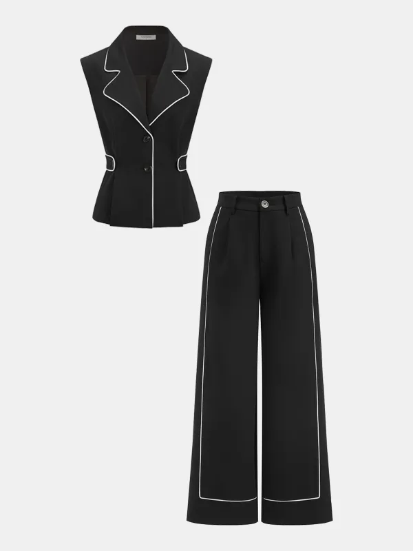 Contrast Trim Blazer Vest & Pants Set made by COMMENSE