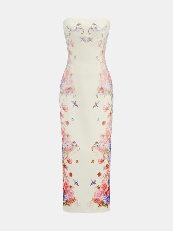 Strapless Floral Bird Print Maxi Dress made by COMMENSE