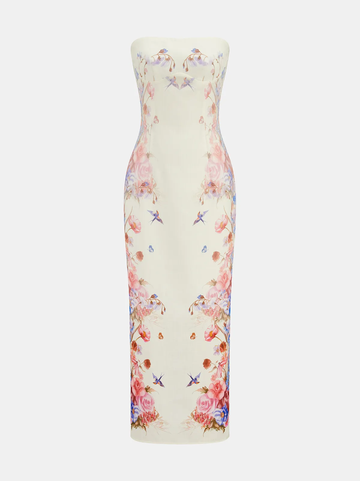 Strapless Floral Bird Print Maxi Dress sold by COMMENSE