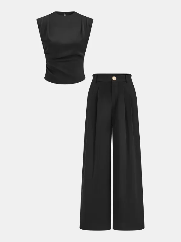 Sleeveless Ruched Top & Pleated Pants Set made by COMMENSE