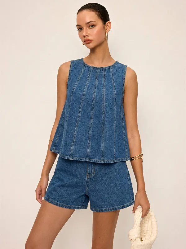 Tie-Back Denim Sleeveless Top & Shorts Set made by COMMENSE