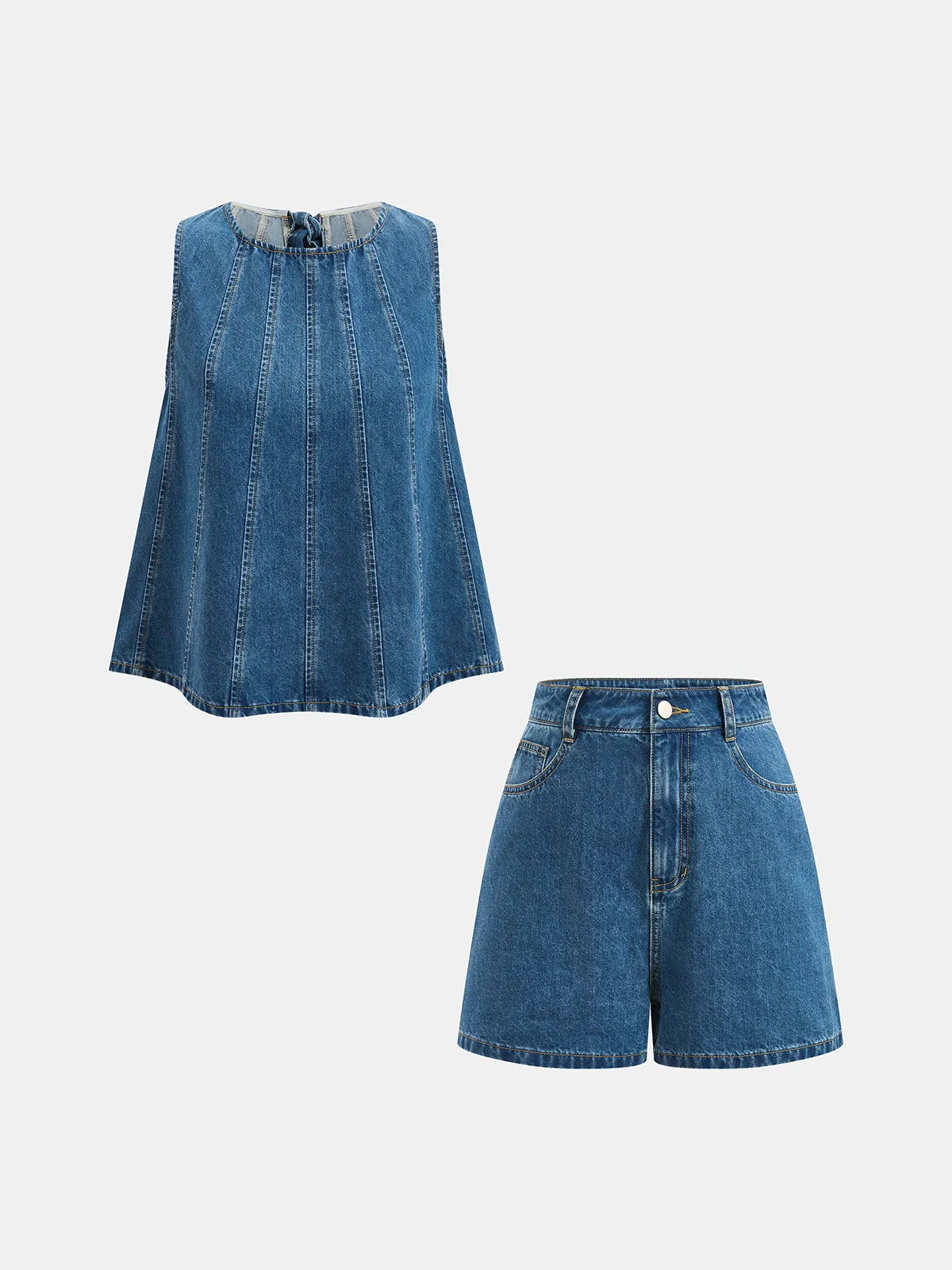 Tie-Back Denim Sleeveless Top & Shorts Set sold by COMMENSE product image thumbnail 2