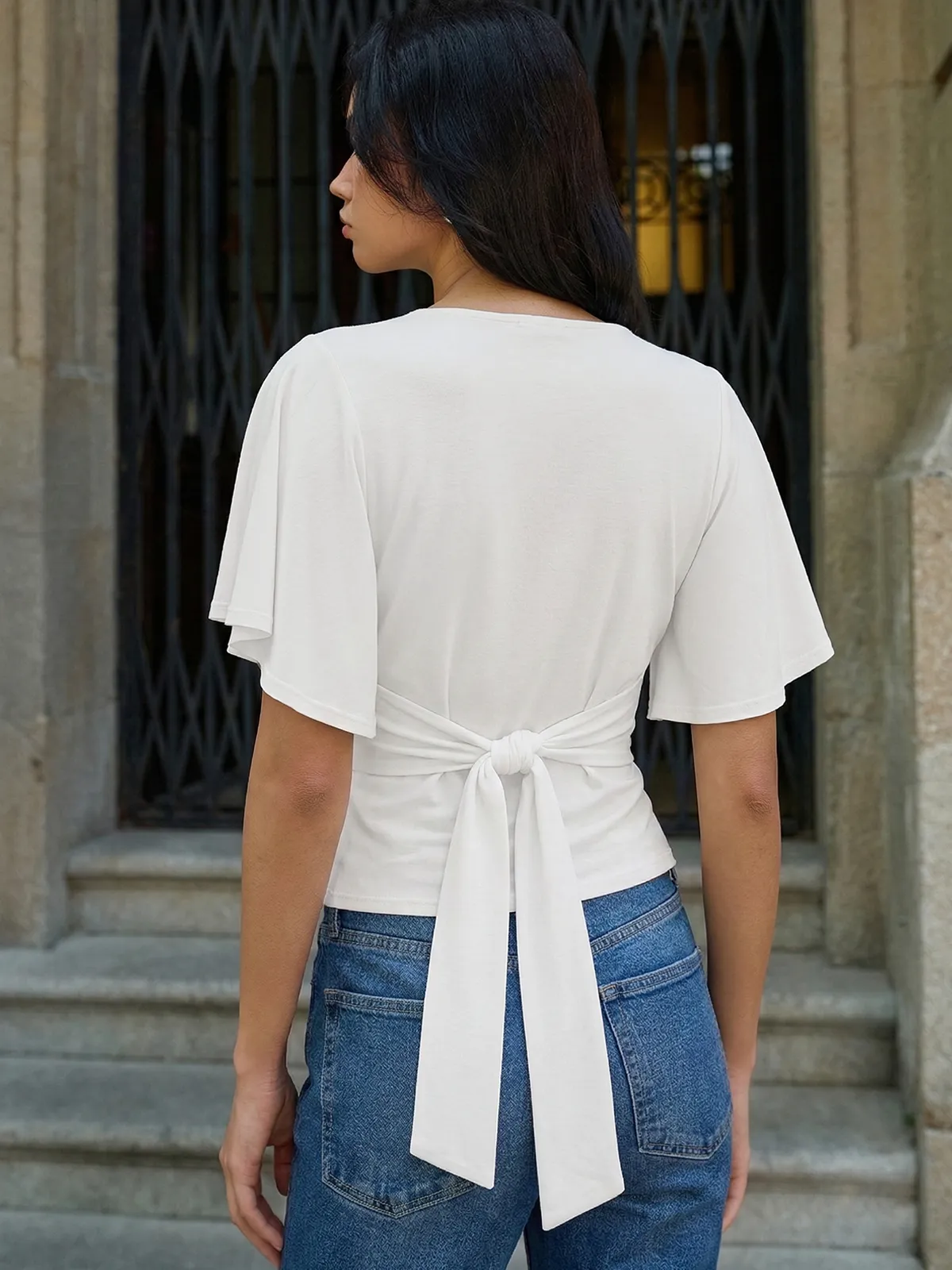 Back Tie Short Sleeve Top sold by COMMENSE