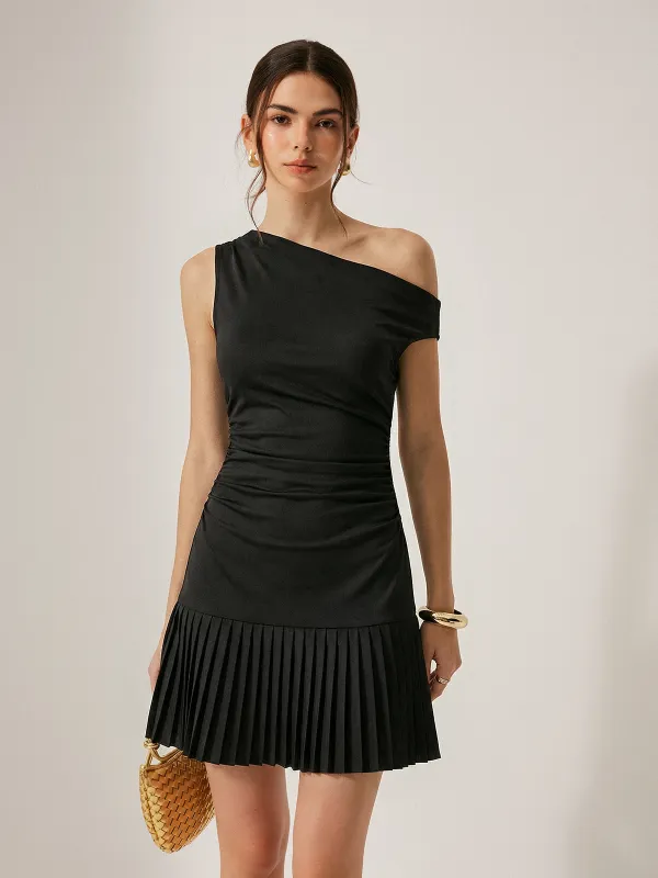 Off Shoulder Ruched Pleated Mini Dress made by COMMENSE