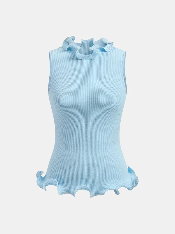 Sleeveless Ruffled Ribbed Knit Top made by COMMENSE
