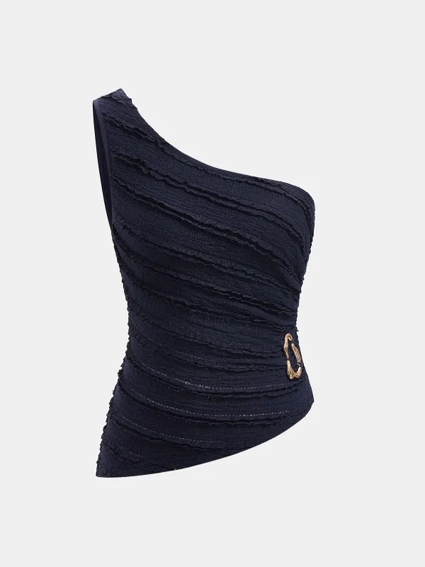 Metal Buckle One-Shoulder Textured Knit Top made by COMMENSE