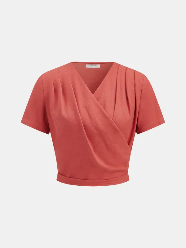 Wrap V-Neck Short Sleeve Blouse made by COMMENSE
