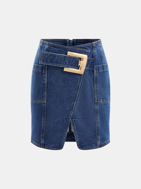 Buckle Detail Asymmetrical Denim Mini Skirt sold by COMMENSE