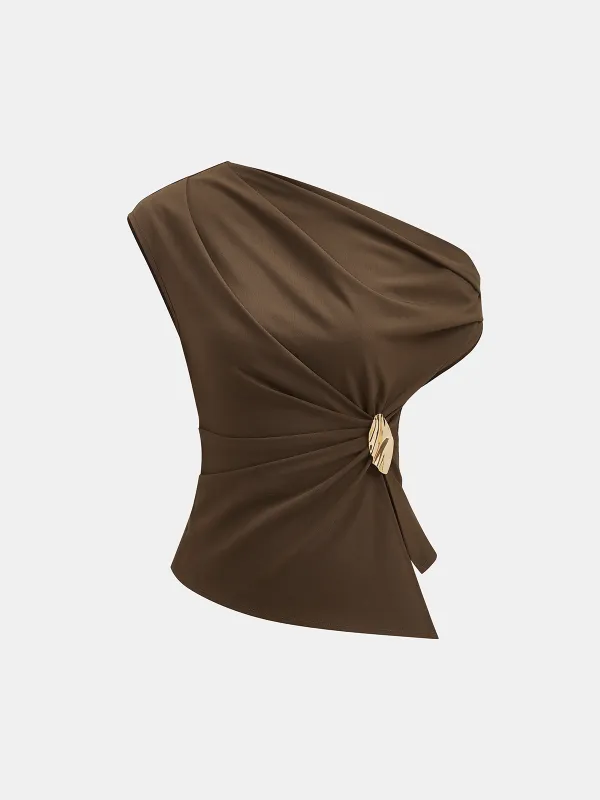 One Shoulder Ruched Buckle Blouse sold by COMMENSE