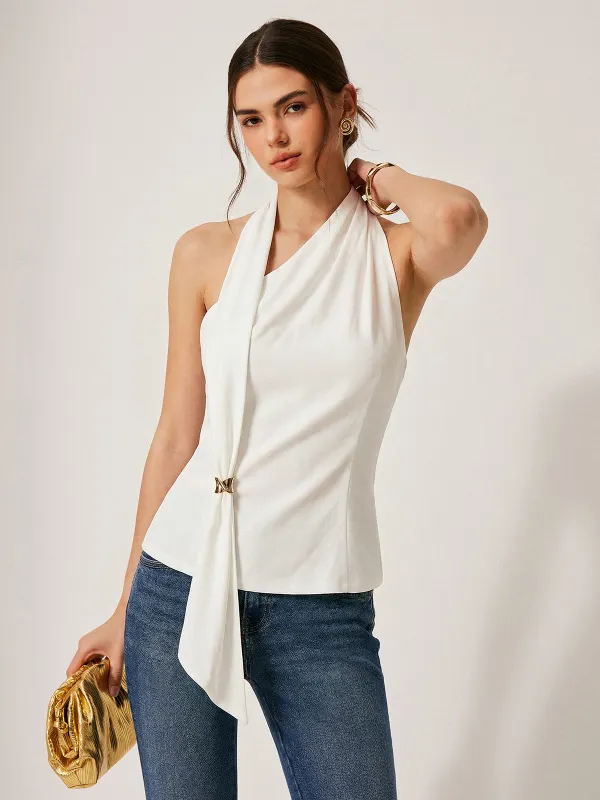 Metal Buckle Draped Halter Top sold by COMMENSE