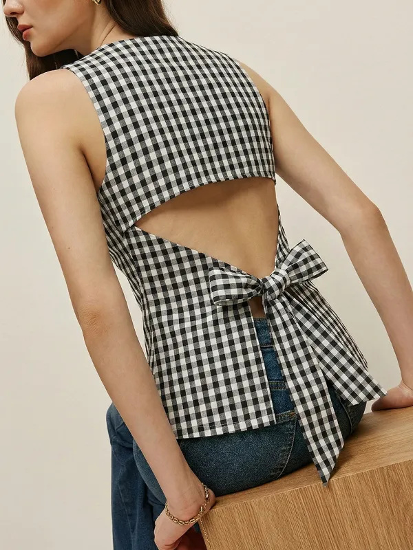 Gingham Bow Backless Sleeveless Top sold by COMMENSE