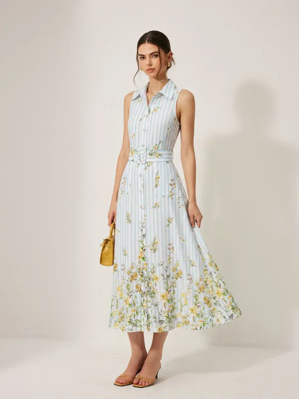Floral Striped Sleeveless Belted Midi Dress made by COMMENSE