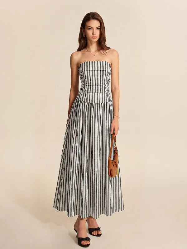Striped Strapless Cotton Linen Ruched Dress made by COMMENSE
