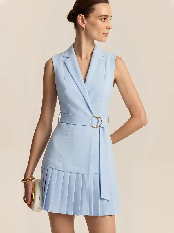 Belted Pleated Sleeveless Blazer Mini Dress made by COMMENSE