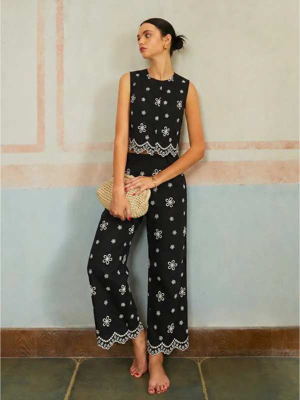 Embroidered Floral Cotton Top & Pants Set sold by COMMENSE