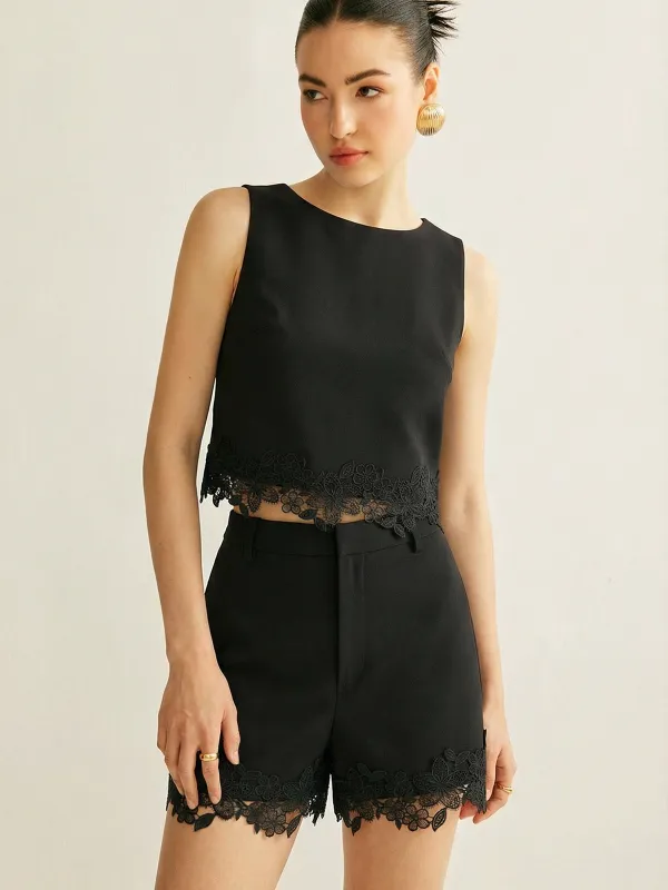 Sleeveless Lace Trim Crop Top & Shorts Set made by COMMENSE