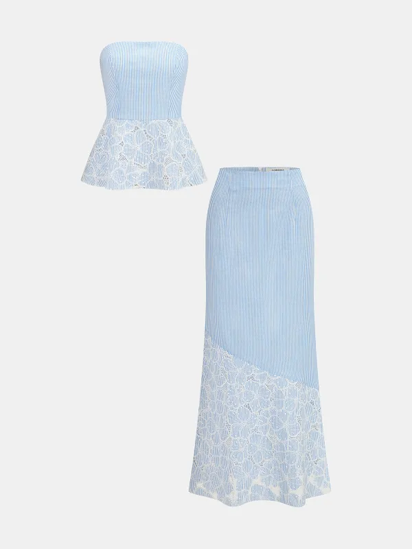 Lace Panel Striped Top & Midi Skirt Set made by COMMENSE