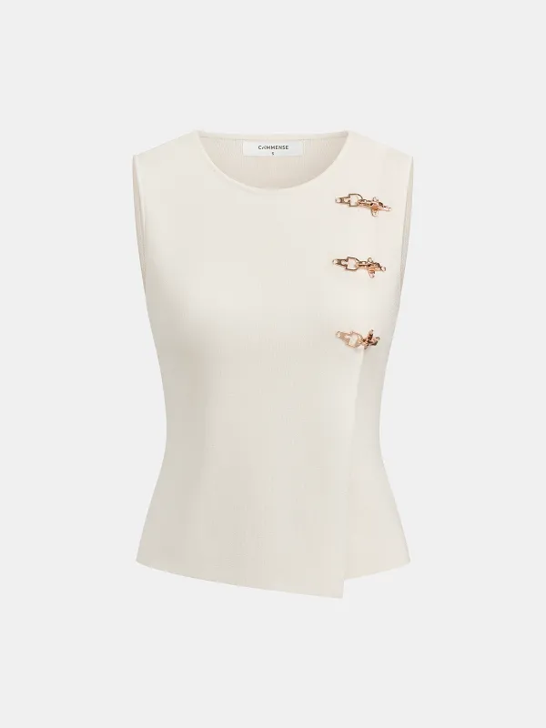 Metal Buckle Sleeveless Knit Top sold by COMMENSE