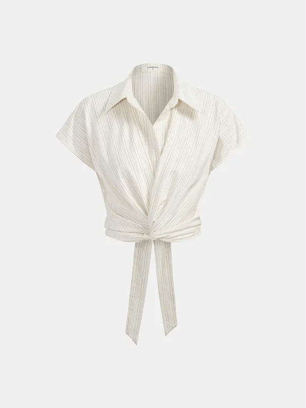 Striped Cap Sleeve Tie Waist Blouse made by COMMENSE