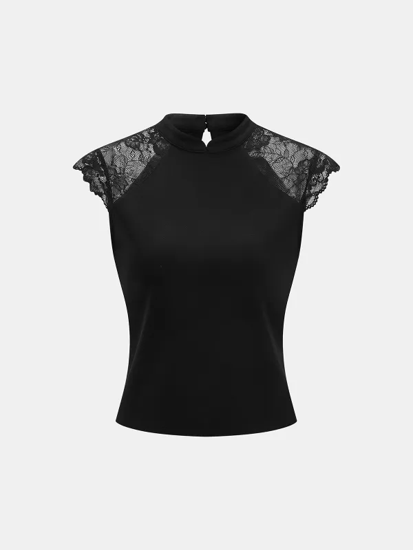 Lace Cap Sleeve Mandarin Collar Blouse made by COMMENSE