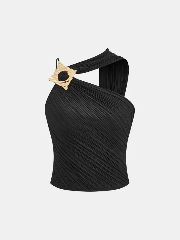 Asymmetric Pleated Metal Decor Tank Top made by COMMENSE