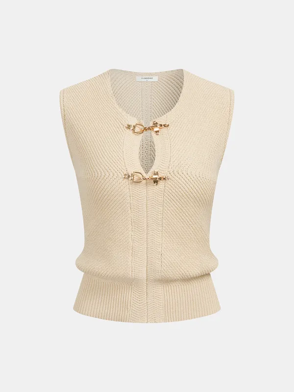 Metal Buckle Sleeveless V-Neck Knit Vest made by COMMENSE