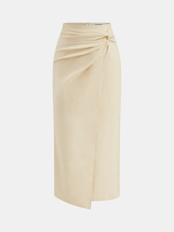 Cotton Linen Ruched Knot Midi Skirt sold by COMMENSE