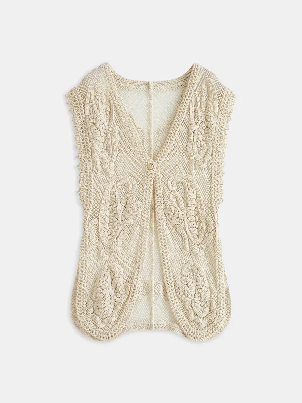 Crochet V-Neck Openwork Knit Vest made by COMMENSE