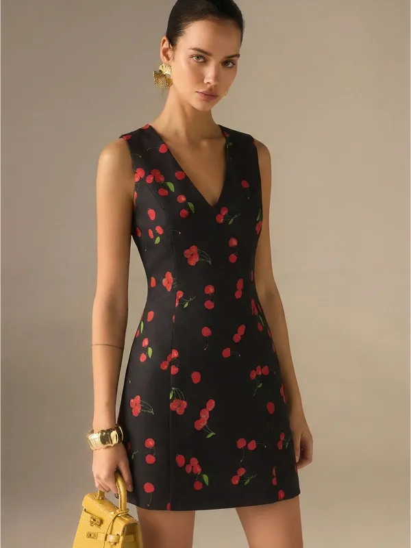 Cherry Print Sleeveless V-Neck Mini Dress made by COMMENSE
