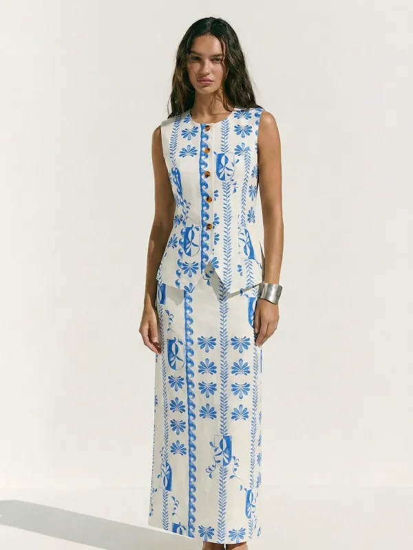Printed Buttoned Vest & Maxi Skirt Set made by COMMENSE