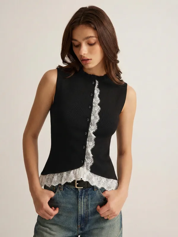 Lace Trim Button Front Knit Vest sold by COMMENSE